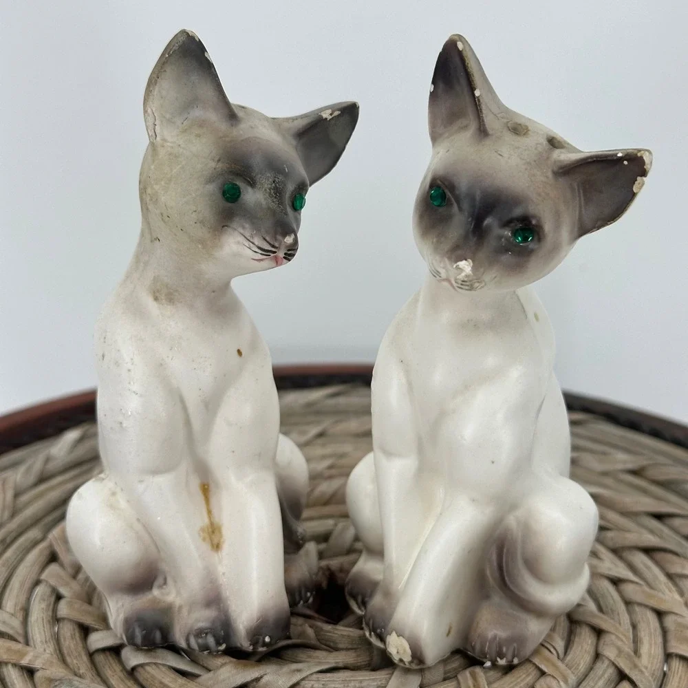 Vintage Siamese‎ Cat Figurines Emerald Eyes Sitting Pair Ceramic Decor 4 in FAIR